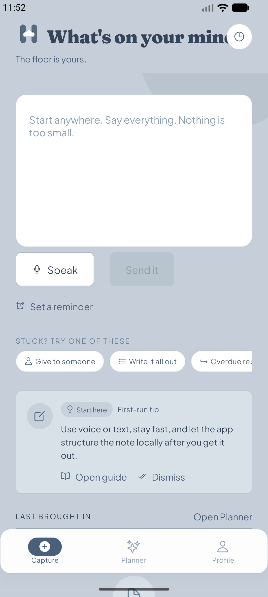 Empty capture screen ready for input
