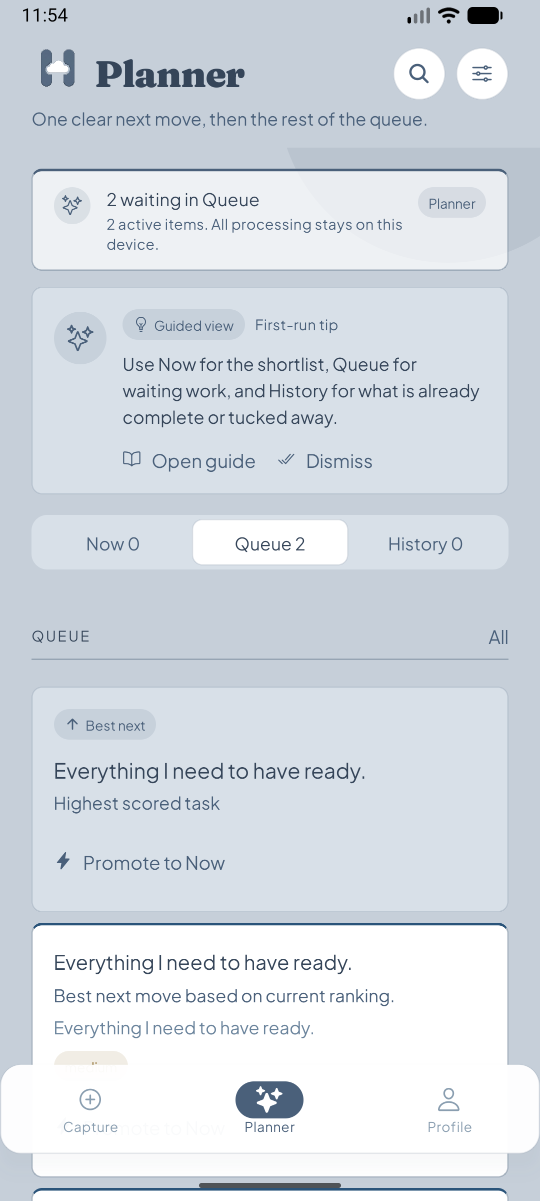 Planner queue showing ranked items