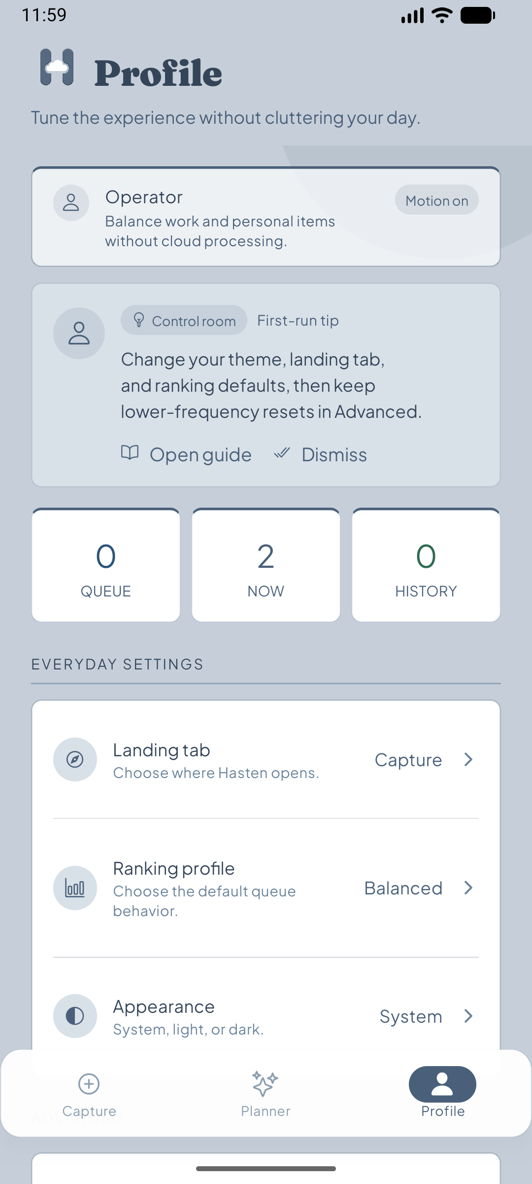 Profile screen showing data ownership controls