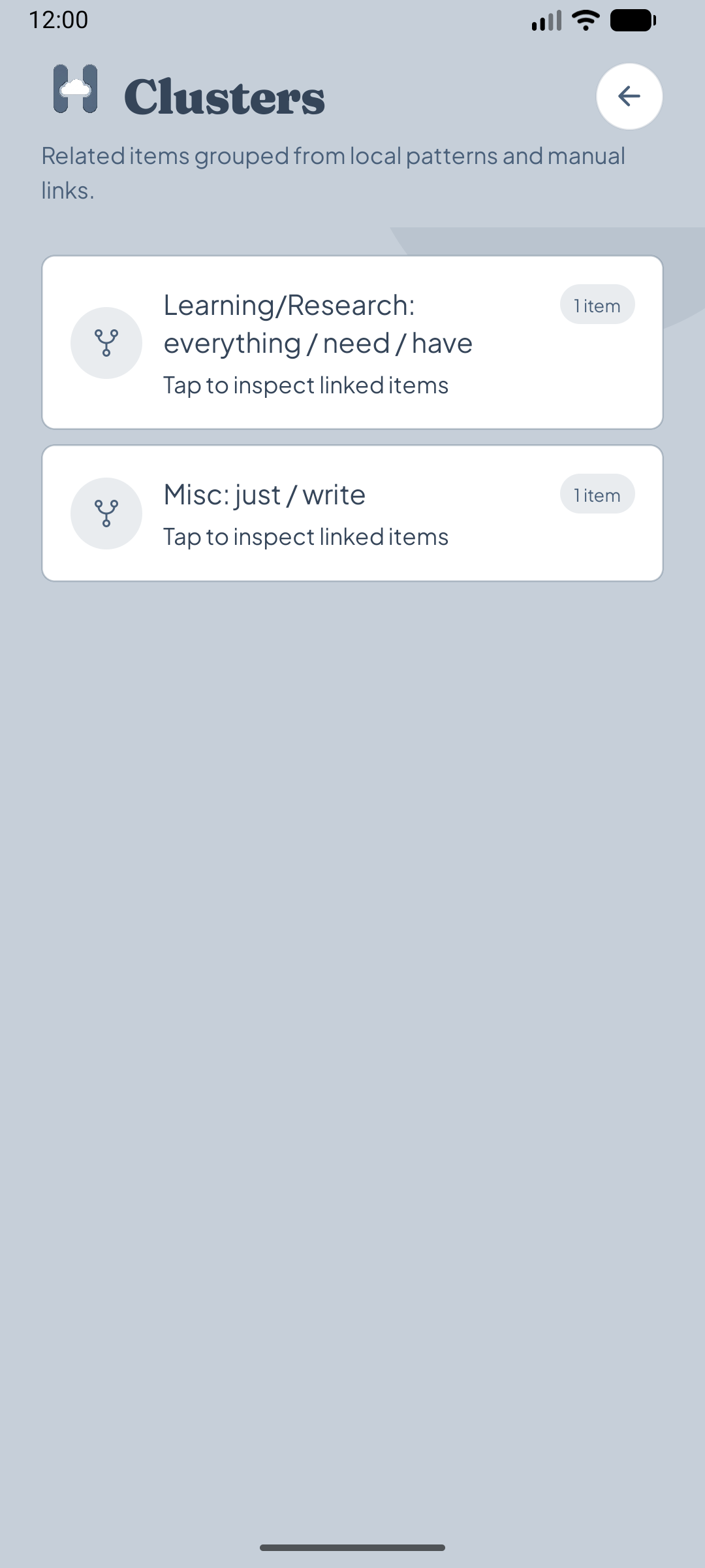 Clusters view showing grouped items